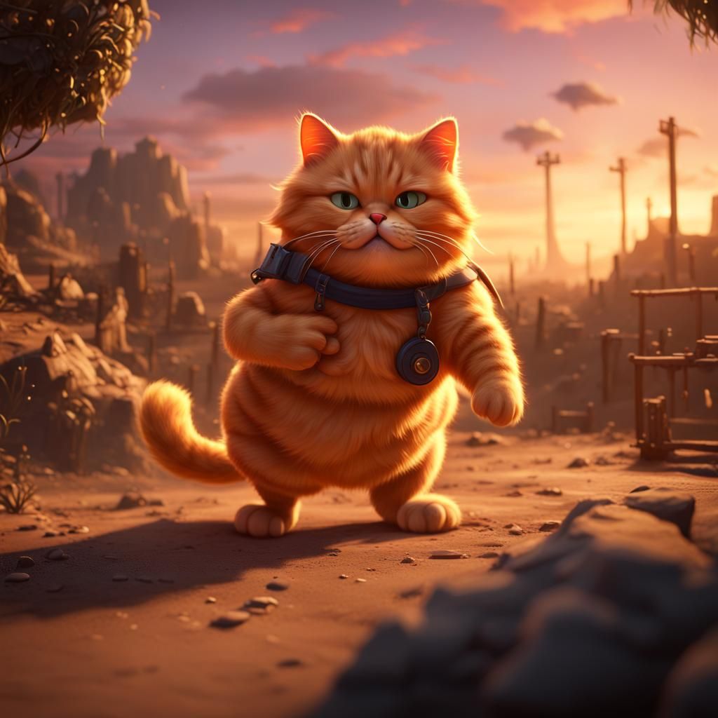 Orange Cat Plays Badminton at Sunset: Detailed Digital Art