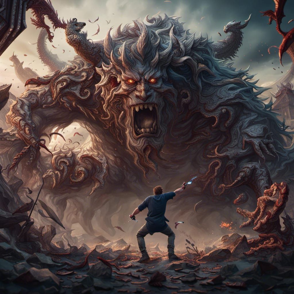 Man Versus Paper Monster: Fantasy Art