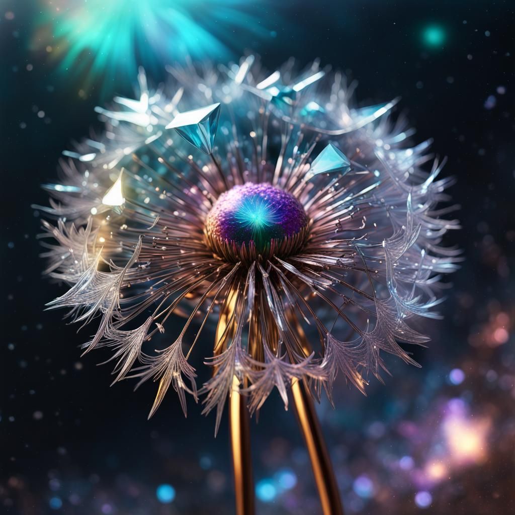 Metallic Dandelion with Holographic Nebula in Watercolor Sty...