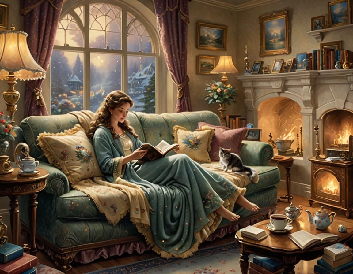 Cozy Home Interior with Woman, Cat in Golden Light