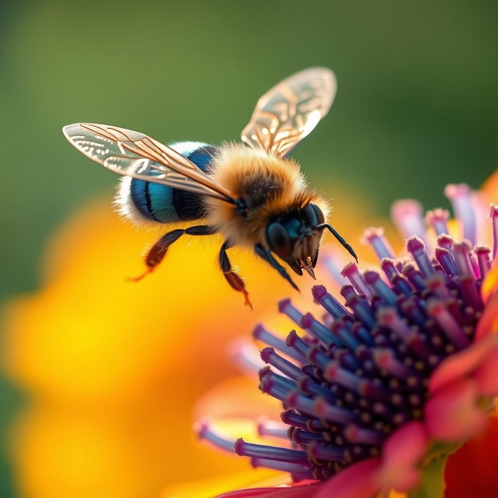 Iridescent Blue Banded Bee in Flight Illustration