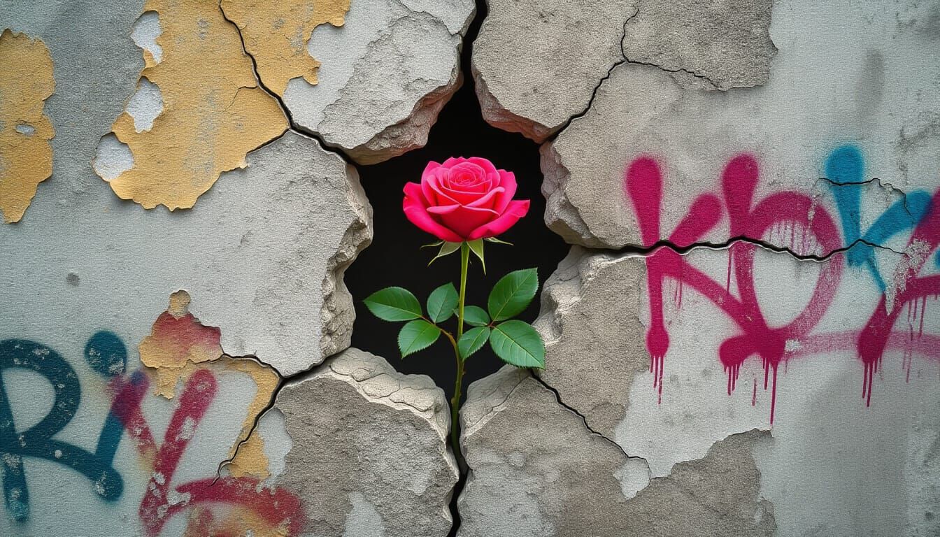 Rose Emerging from Concrete Wall: Photorealistic Art