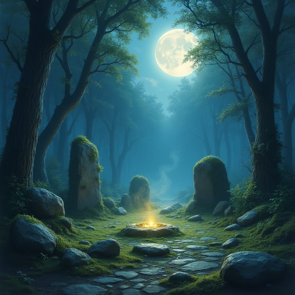 Mystical Forest Circle Bathed in Ethereal Moonlight