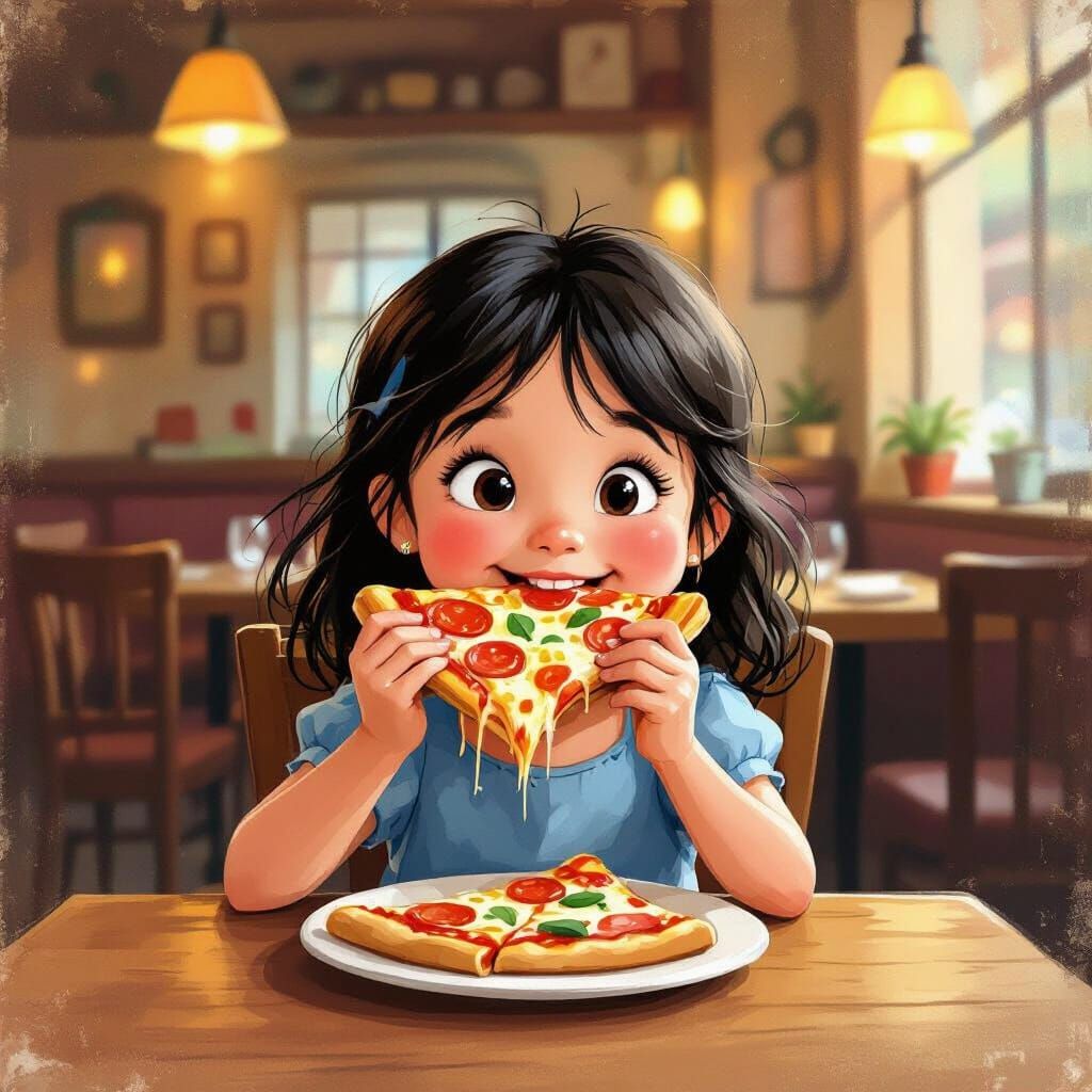 Whimsical Girl Enjoys Pizza in Cozy Italian Restaurant