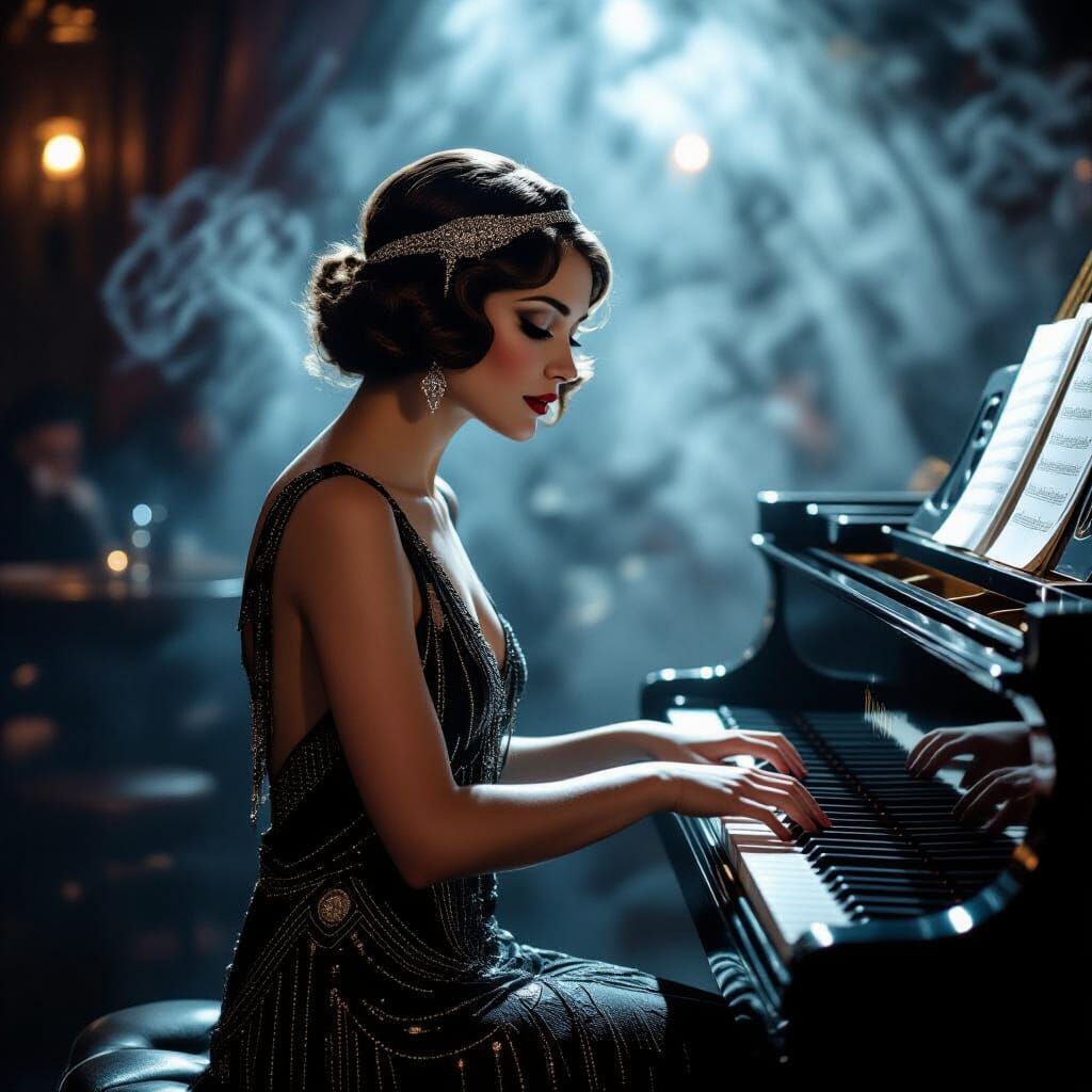 Flapper Pianist in Dim Speakeasy, Film Noir Style