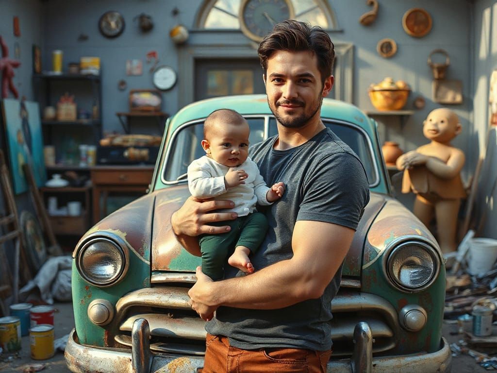 Father and Baby at Whimsical Art Studio