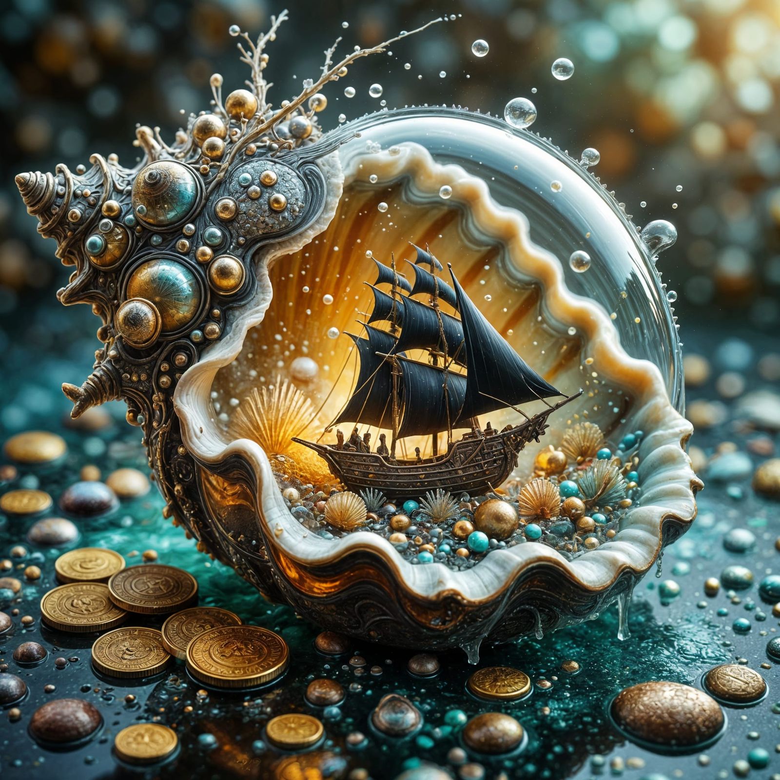 Fantasy Seashell Painting with Pirate Ship in a Bottle