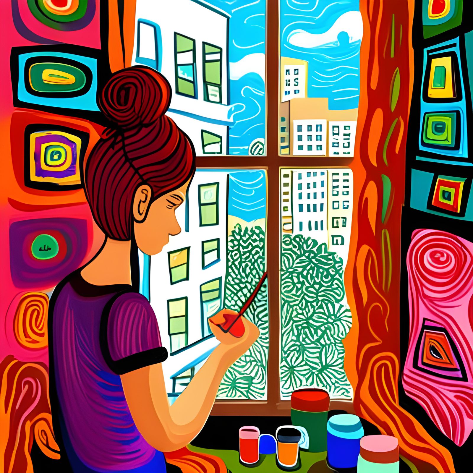 Woman Paints Cityscape in Hundertwasser Style