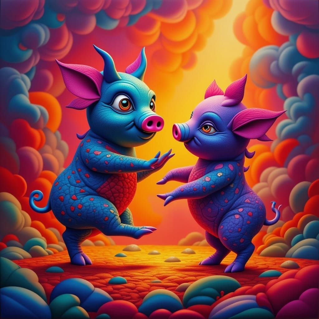 Hyperrealistic Dancing Pigs in a Colorful Inferno