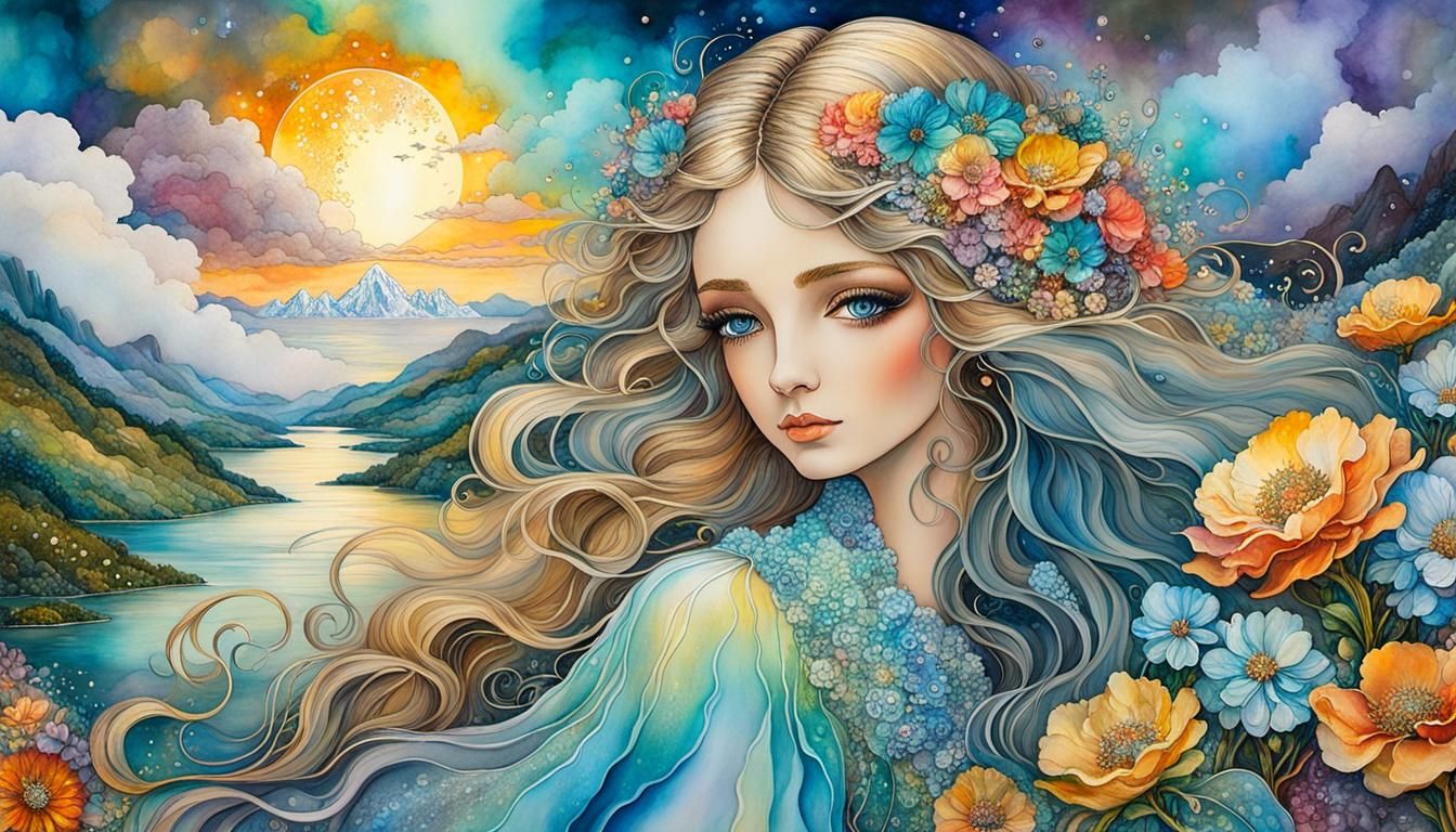 Surreal Sky Girl in Alcohol Ink Art