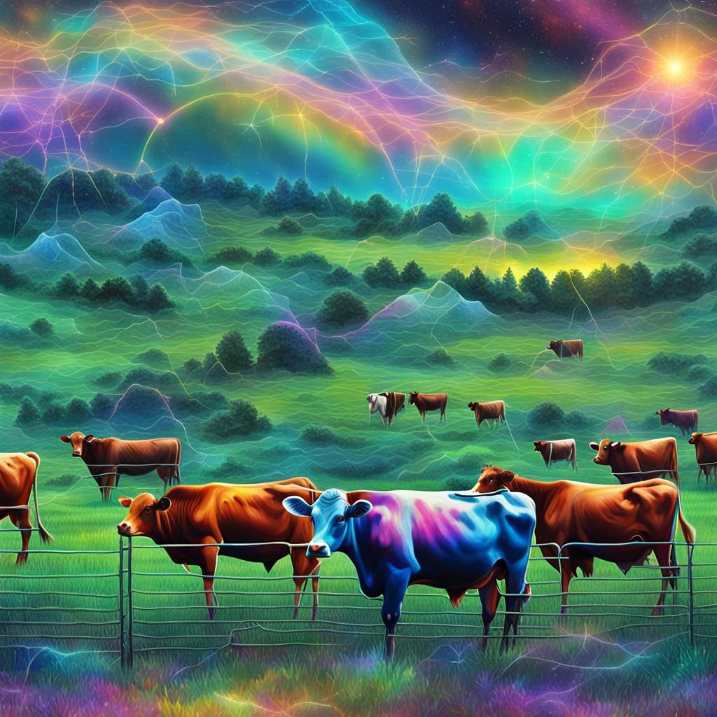 Cows in Field: Holographic Astral Cosmic Illustration