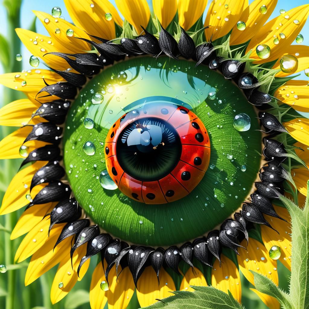 Surreal Sunflower Eye with Ladybug and Dew