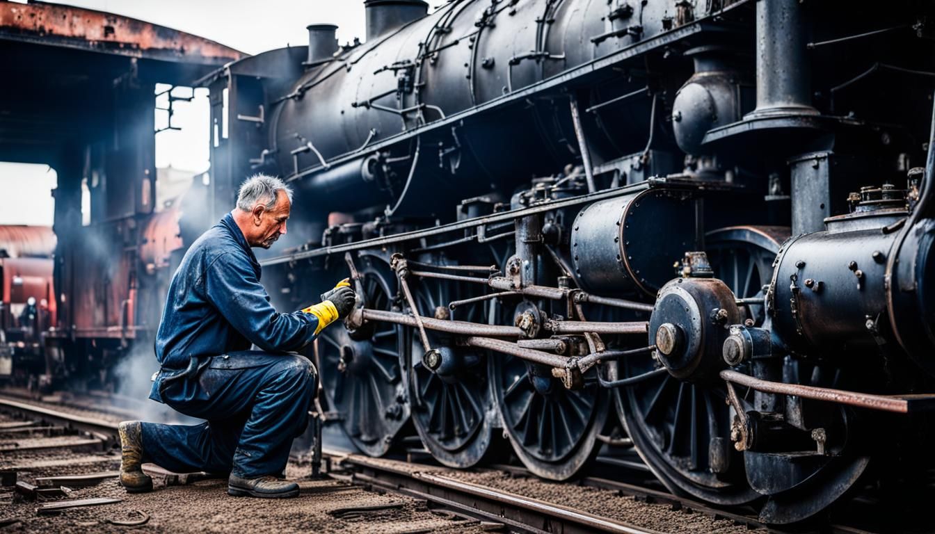 Repairman Fixes Steam Locomotive: Professional Photography