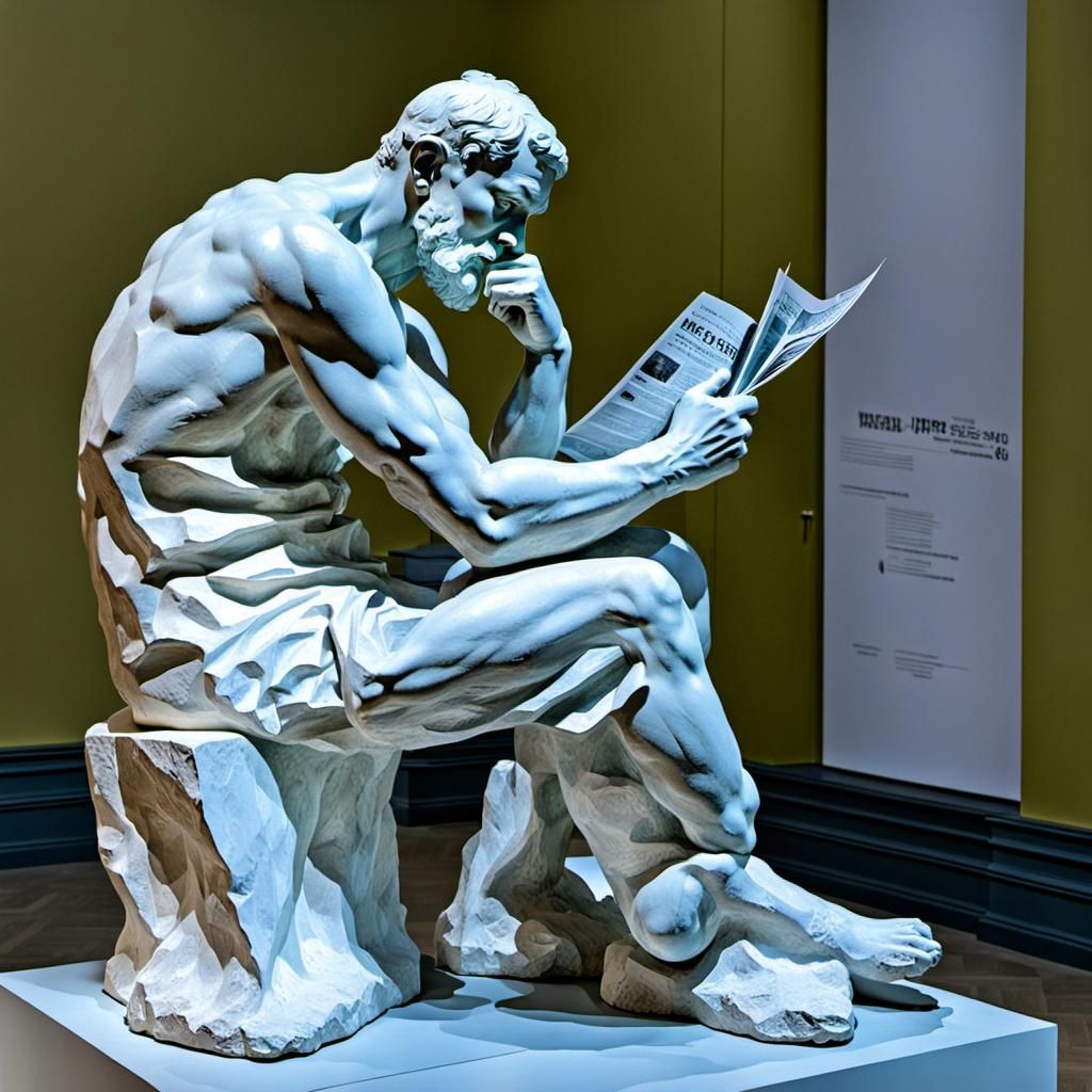 Le Penseur by Rodin reading the newspaper