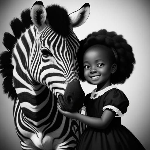 Surreal Black and White Photo of Girl Petting Zebra