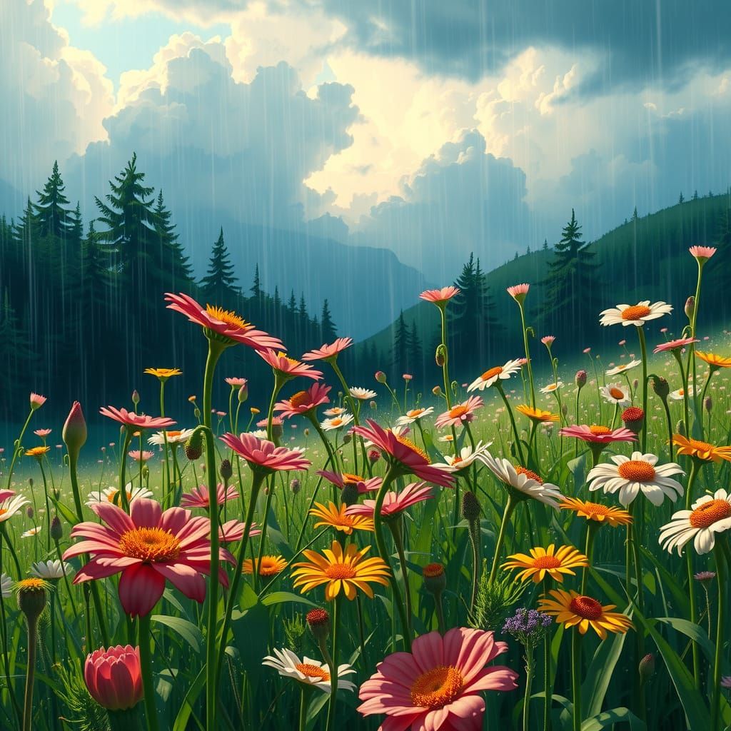 Wildflowers in Rain: Dreamy Landscape Painting