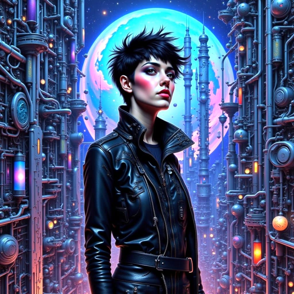 Lunar Cityscape Portrait in Cyberpunk Sci-Fi Style