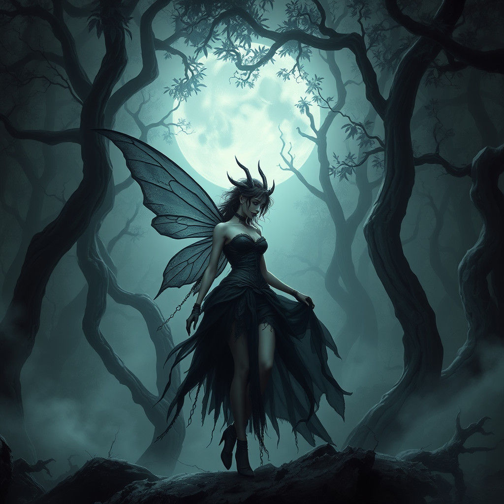 Mysterious Dark Fairy in Eerie Moonlit Woods