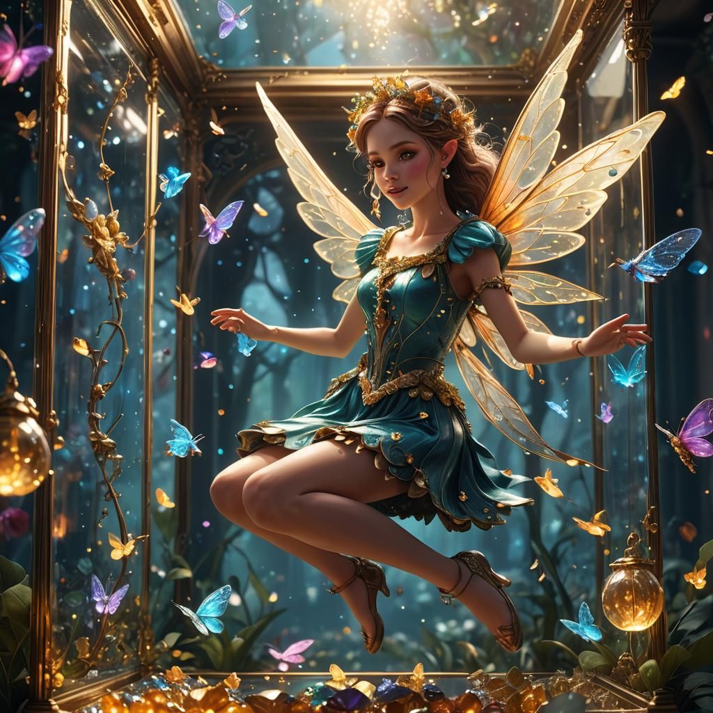 Happy Fairy Hovering Over Jewels: Fantasy Art