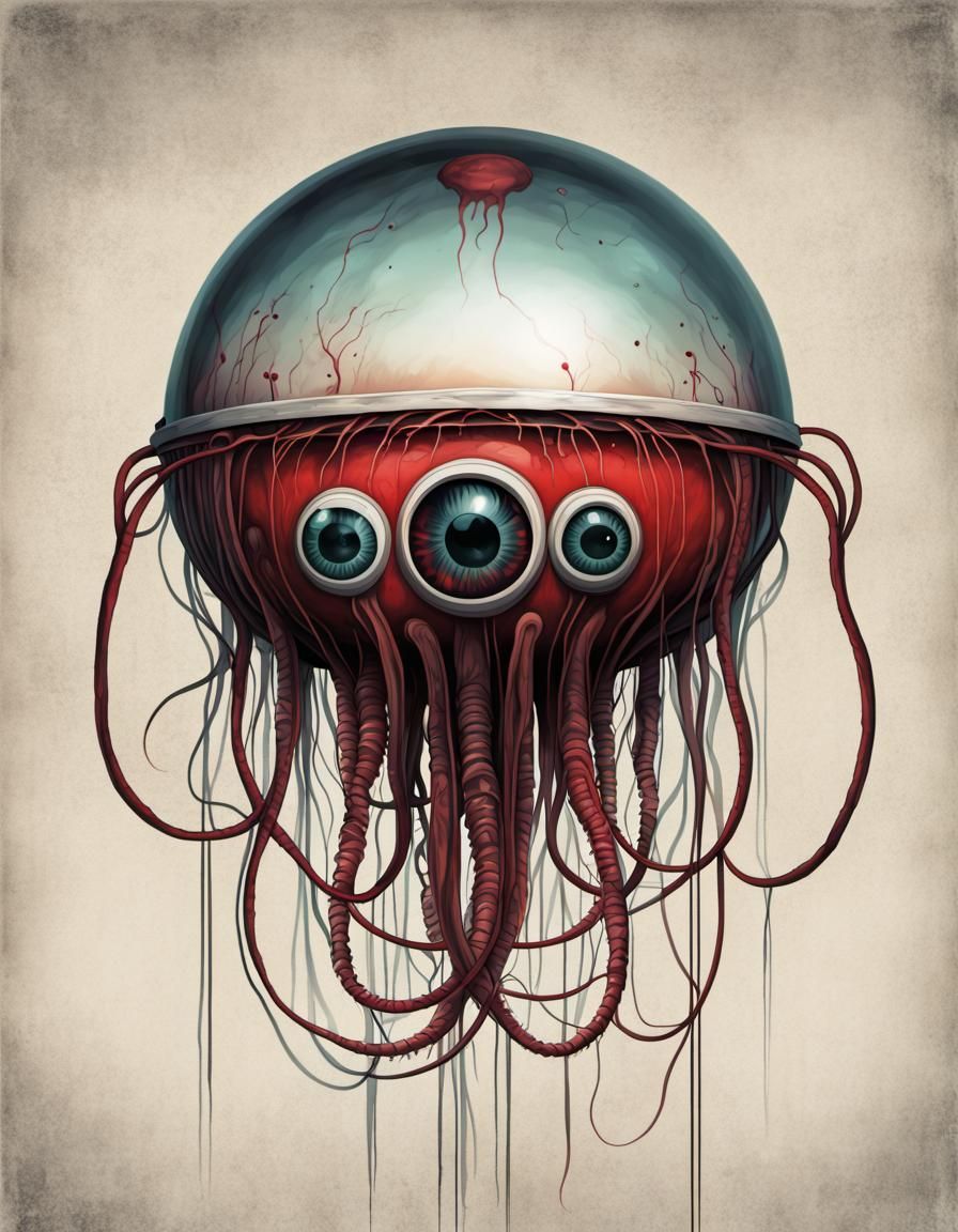 Evil AI Eyeball Jellyfish in Retro Sci-Fi Style