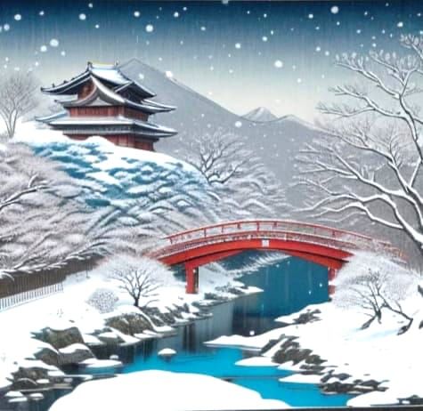 Mishima River Winter Landscape Woodblock Print
