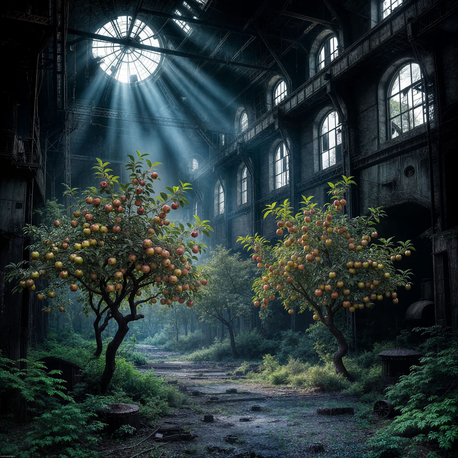 Abandoned Steel Mill With Golden Apple Orchard