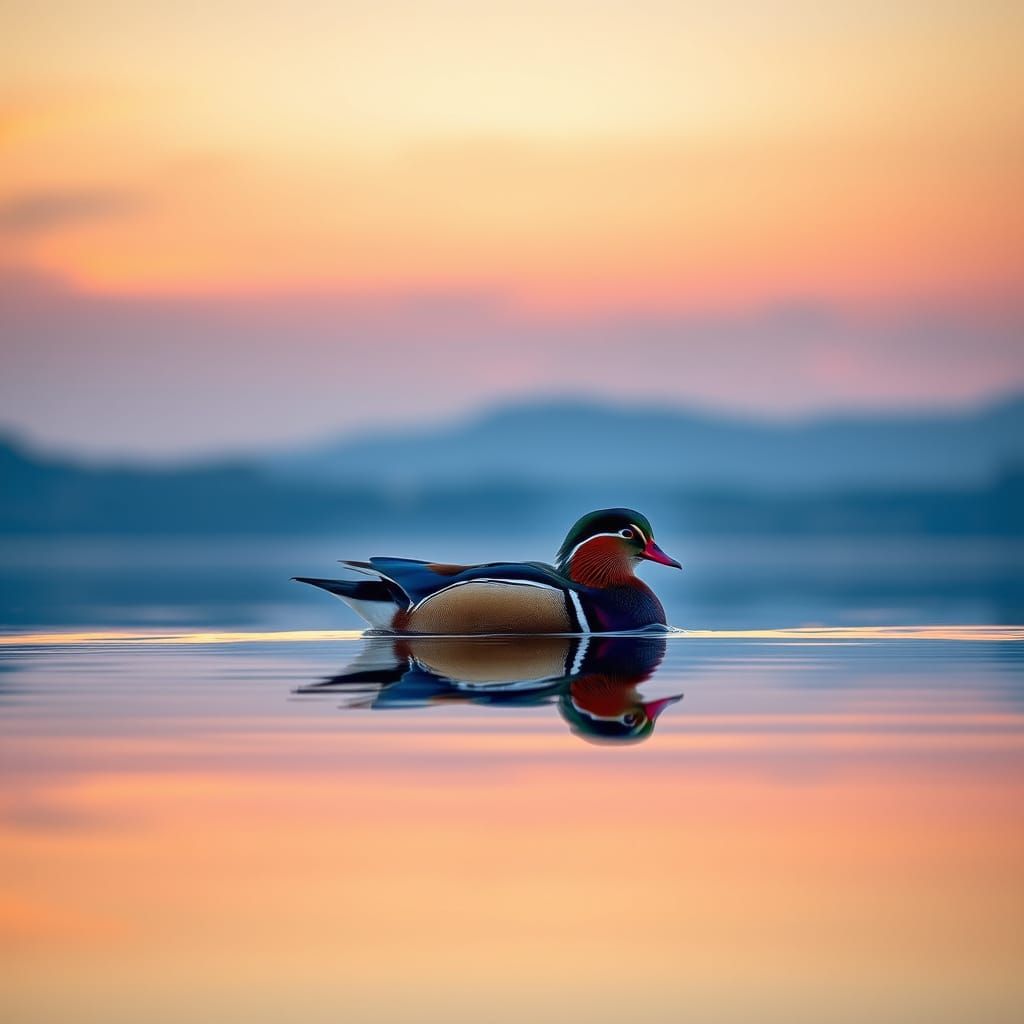 Serenely Gliding Mandarin Duck on Twilight Lake in Vibrant C...