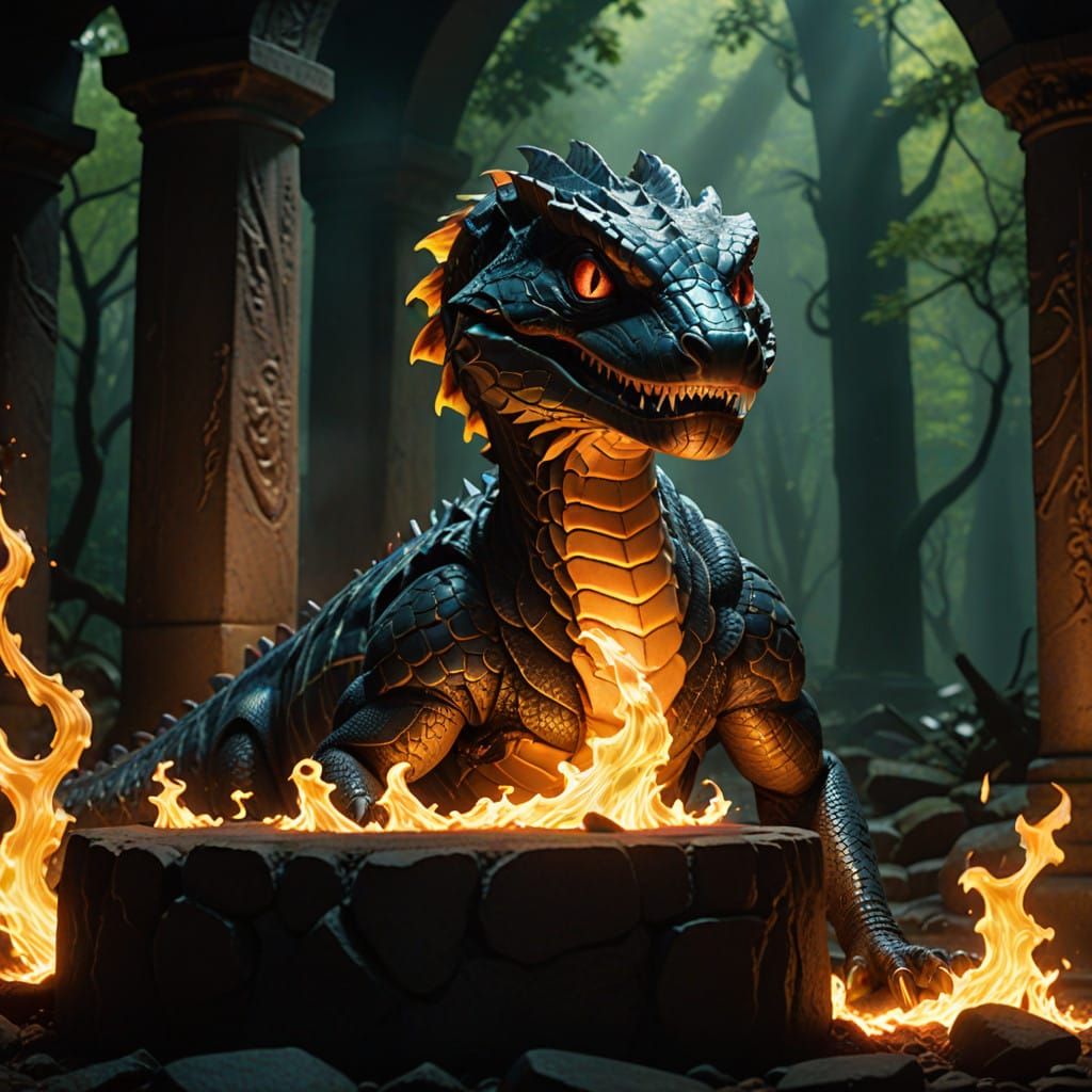 Mystical Fire-Breathing Serpent Coils Ancient Pillar