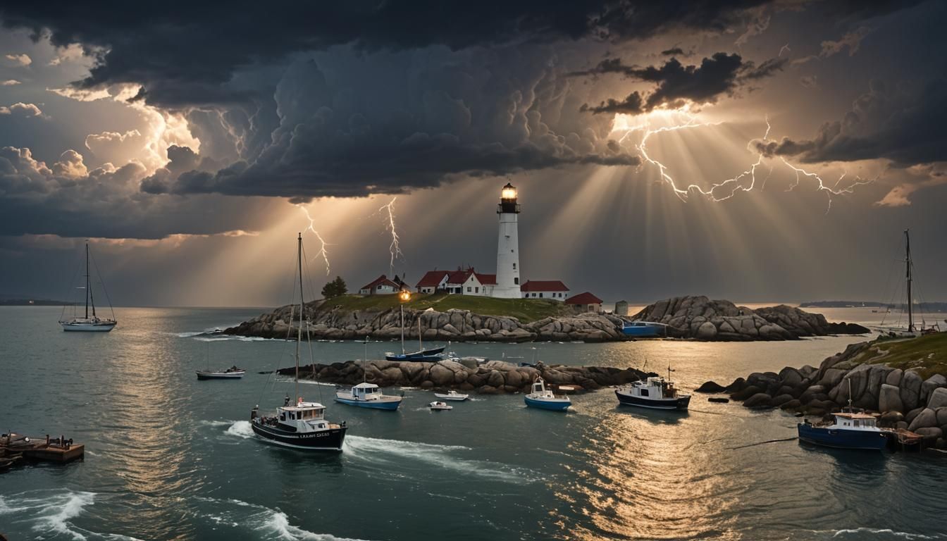 Lighthouse with Searchlights Over Harbor at Dusk