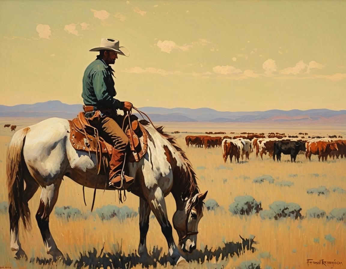 Cowboy Overseeing Cattle as Impressionistic Oil Painting
