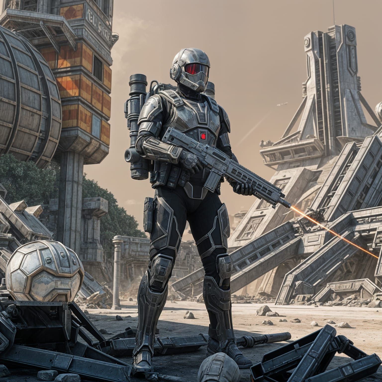 Futuristic Soldier with Jetpack and Laser Gun