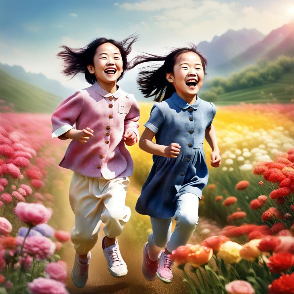 Laughing Girls Run Through Flower Field Photo