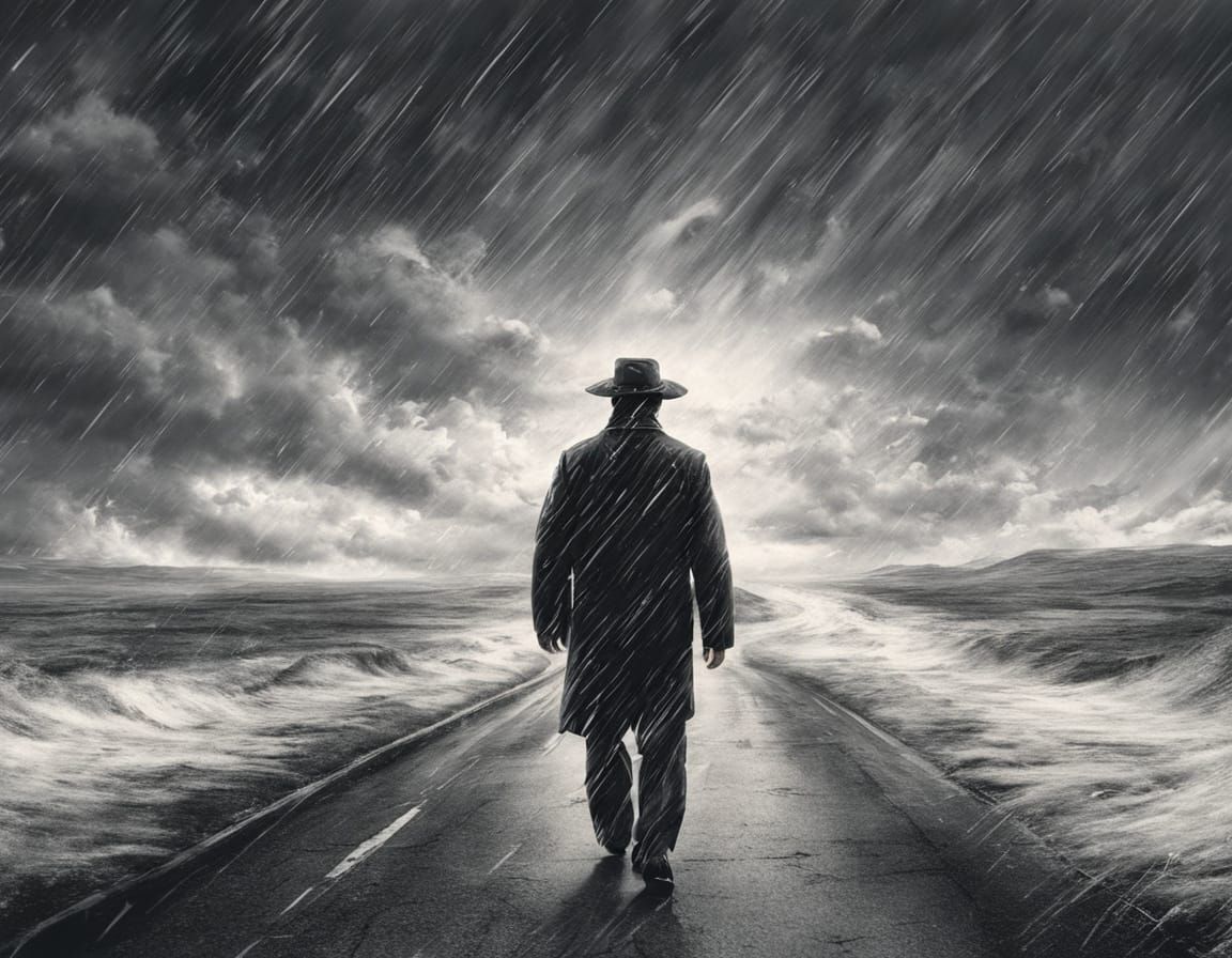 Determined Man Walks Forward in Turbulent Storm