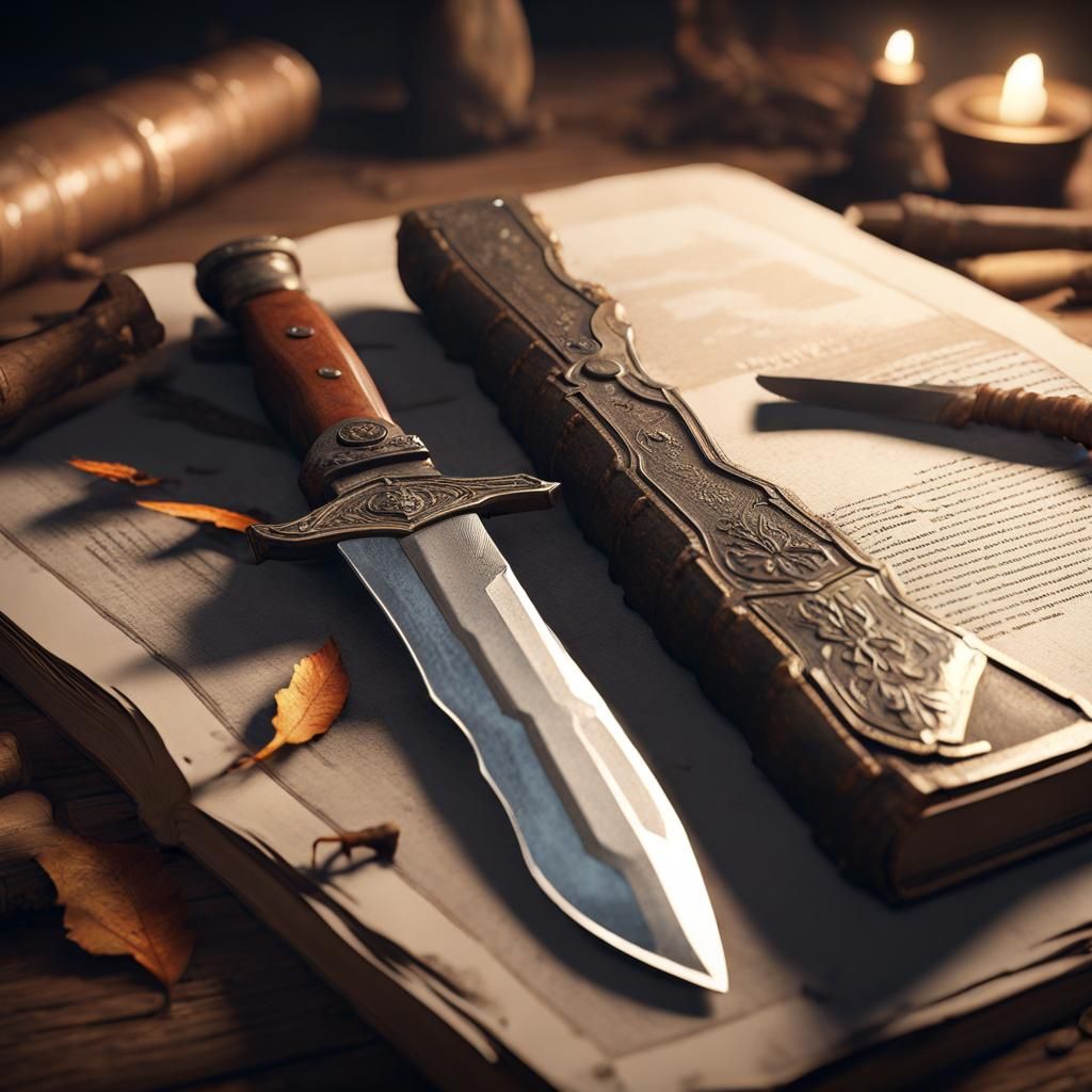 Hunting Knife Stabbed into Book, 3D Cinematic