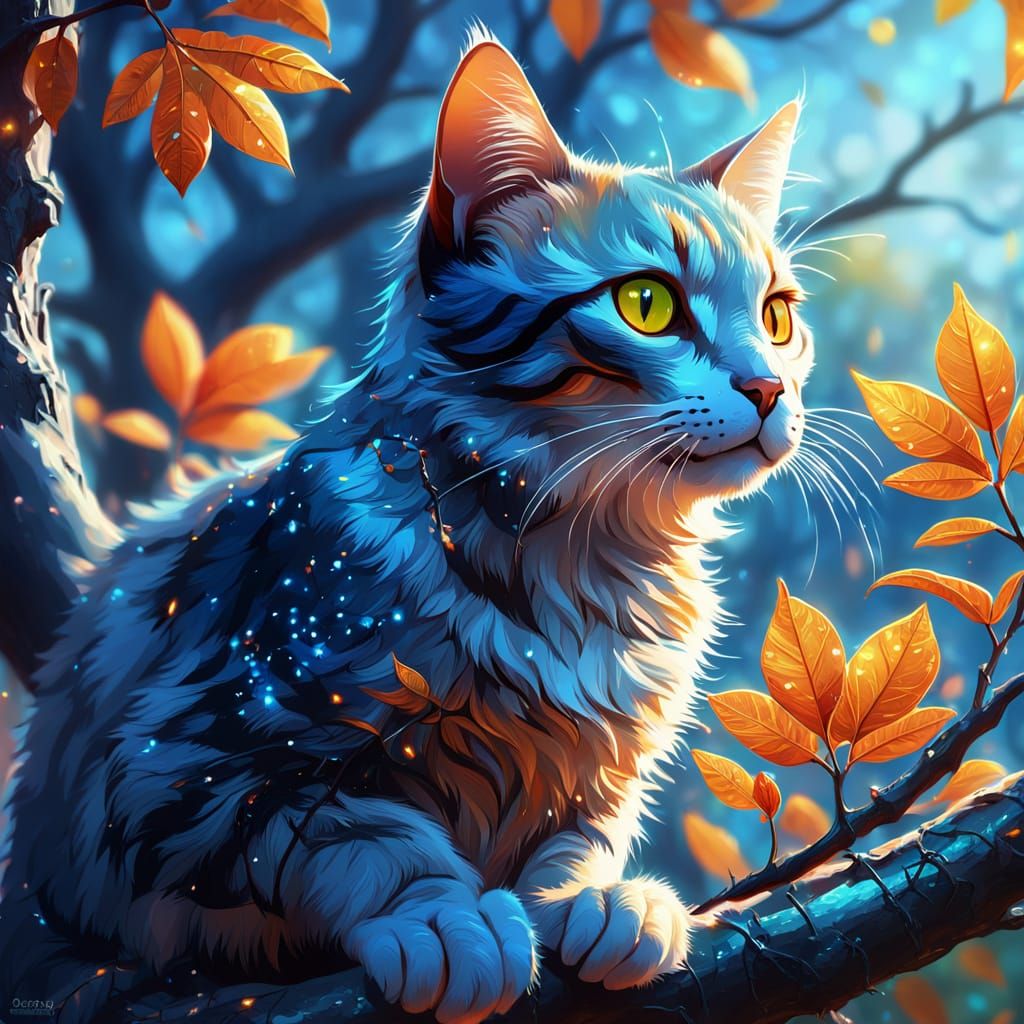 Whimsical Feline Perched on Branches in Vibrant Oil Painting...