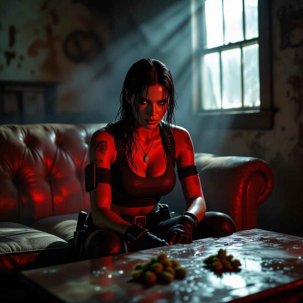 Lara Croft in Abandoned House with Dramatic Lighting