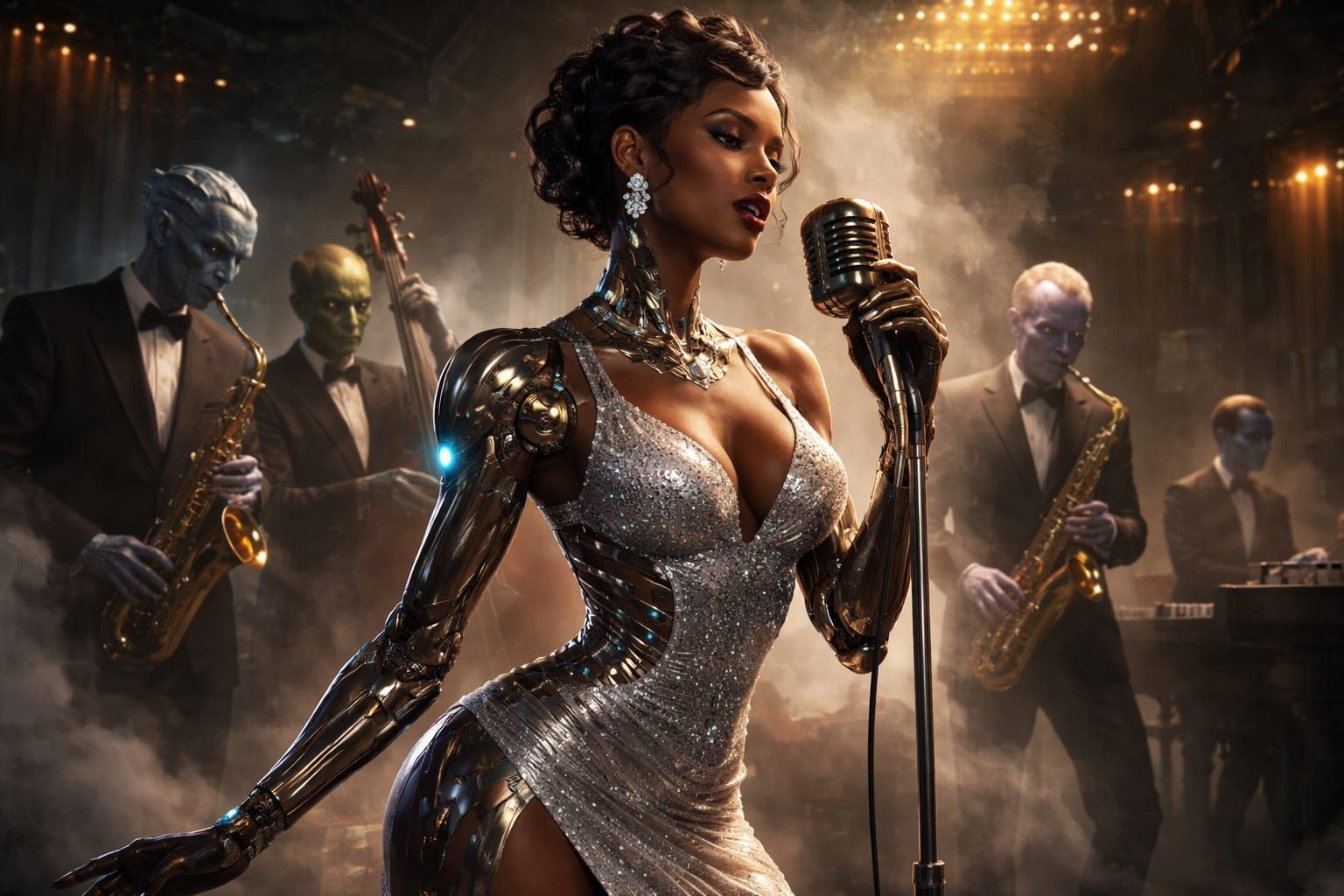 Cyborg Jazz Singer in Dystopian Club