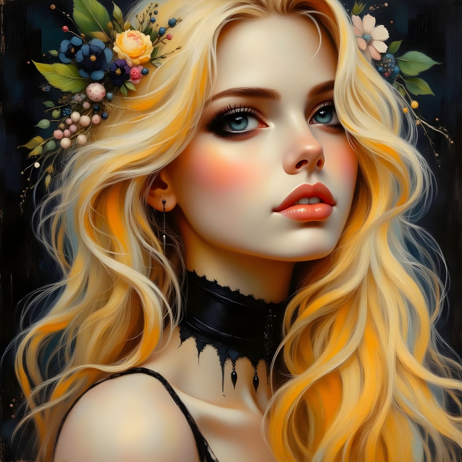 Romantic Goth Goddess with Blonde Hair and Blue Eyes