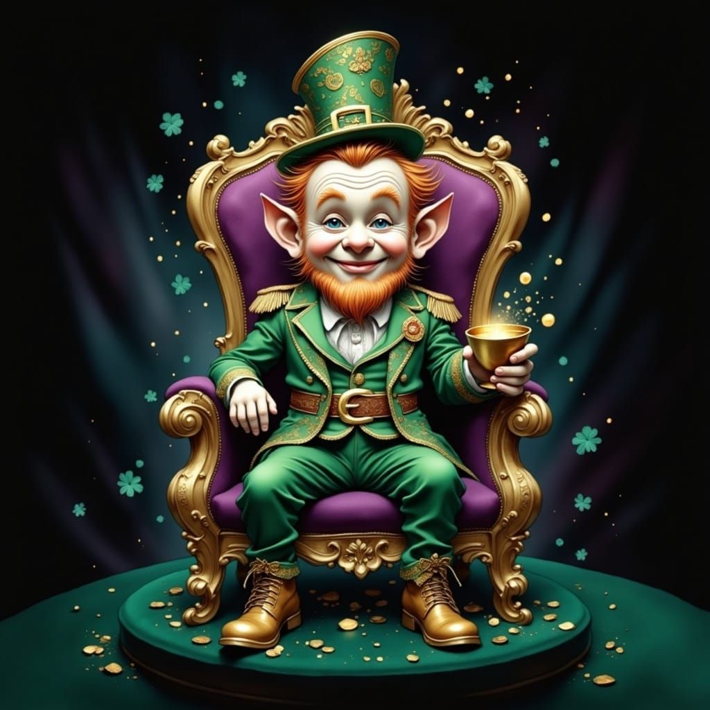 Leprechaun on Golden Throne with Shining Chalice