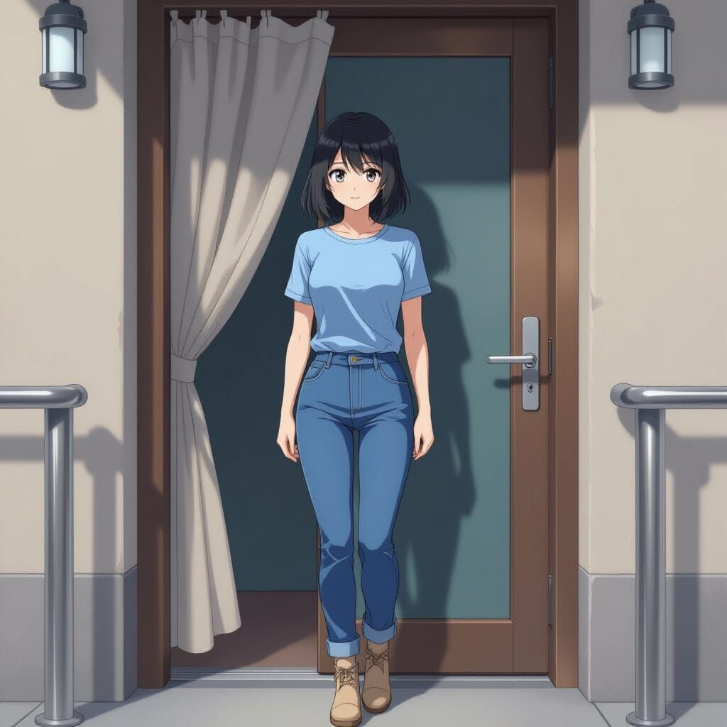 Anime Woman Under Doorway With Falling Curtain