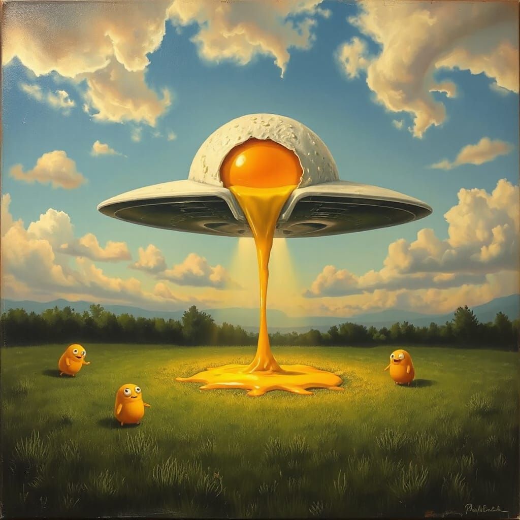 Grotesque Surrealist UFO Lands as Fried Egg in Sunrise Meado...