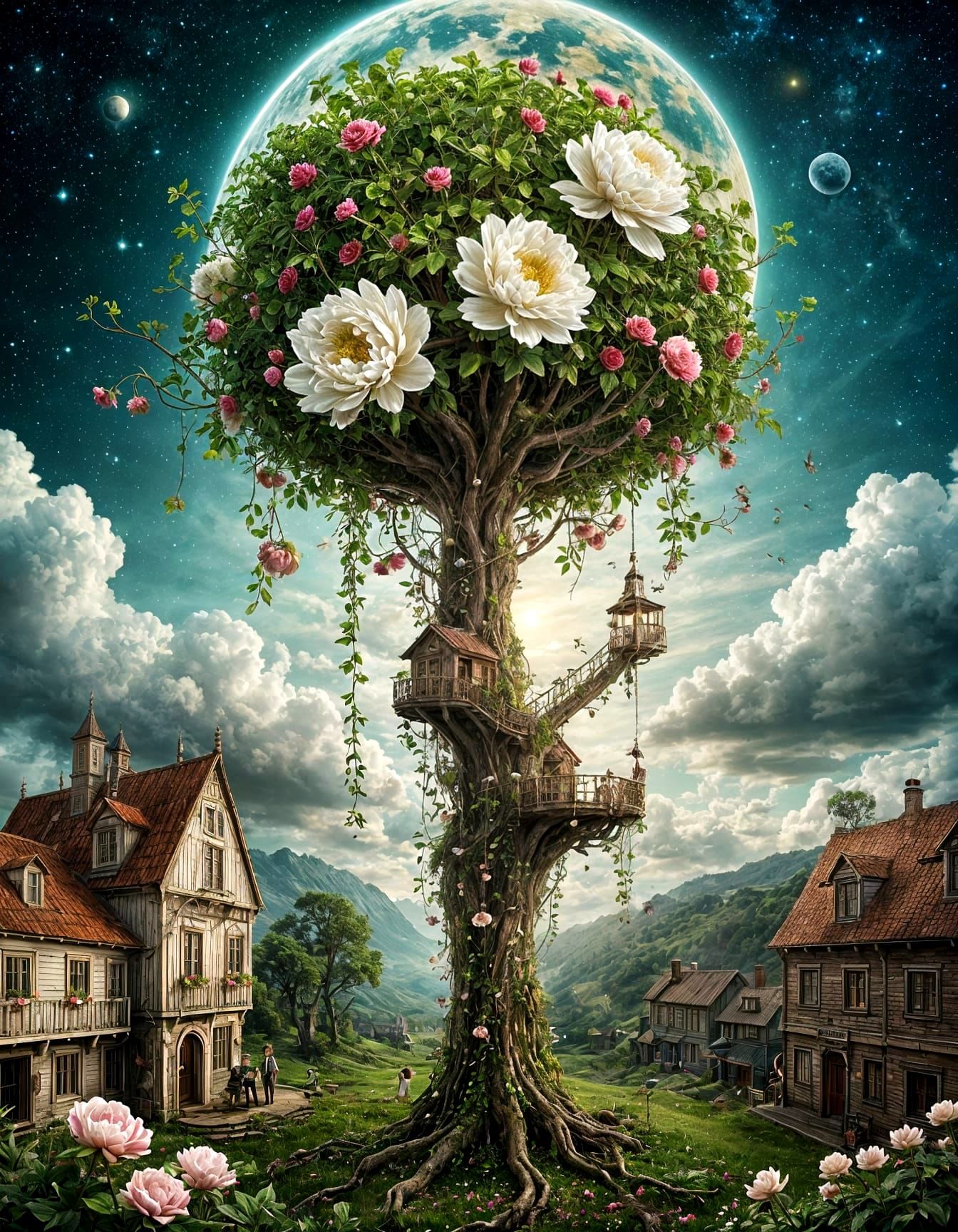 Surreal Beanstalk Tree with Whimsical Stars