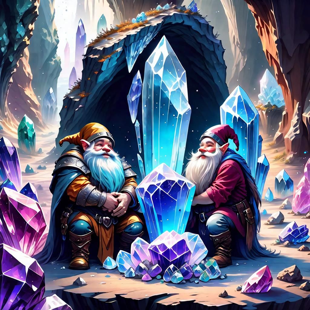 Luminous Crystal Cavern with Dwarves, Detailed Digital Paint...