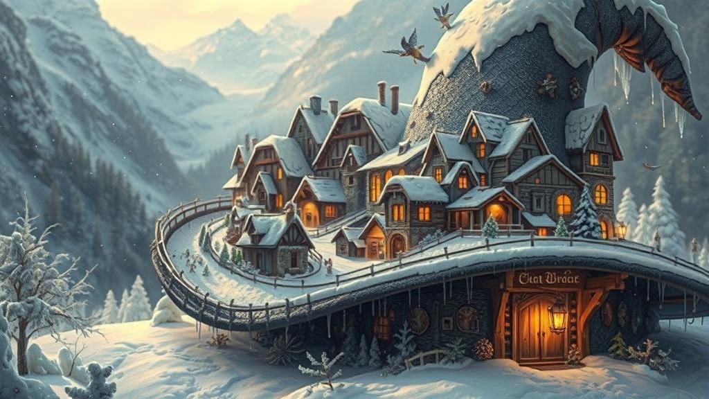 Magical Winter Village Hat in Folk Art Style