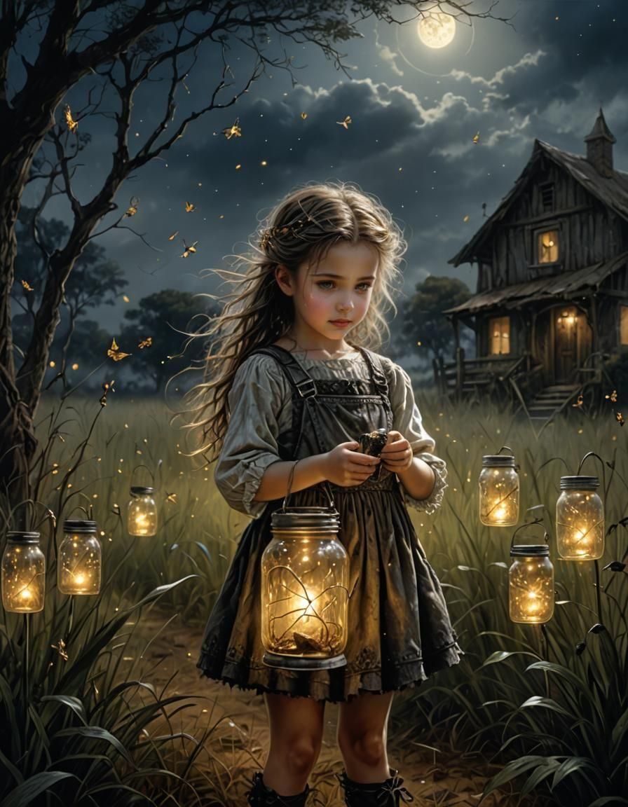 Girl with Fireflies: Hyperrealistic Nighttime Scene
