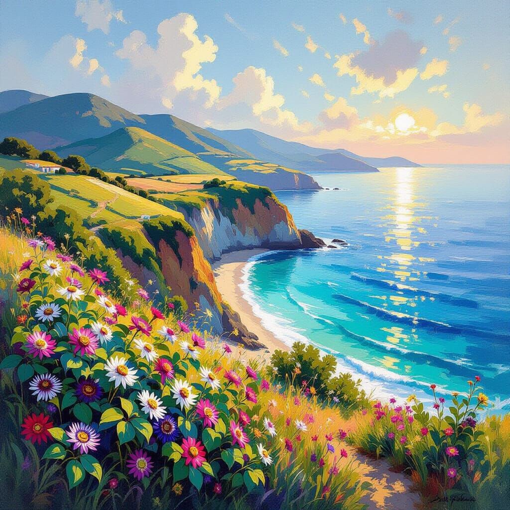 Golden Hour Coastal Hills Overlooking Azure Sea