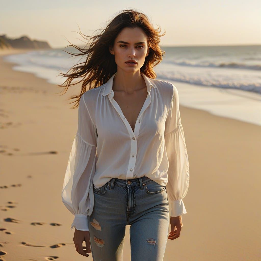 Serene Beach Fashion Photo with Golden Hour Light