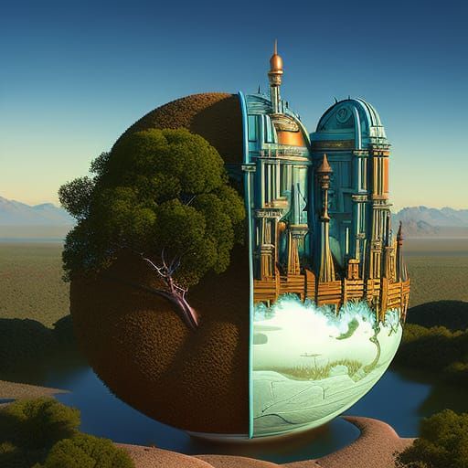 Surreal Split Planet with Trees and Buildings