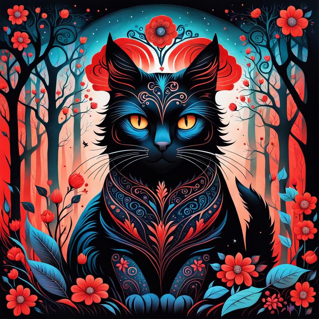 Eerie Black Cat in Ghostly Wood, Klimt Style