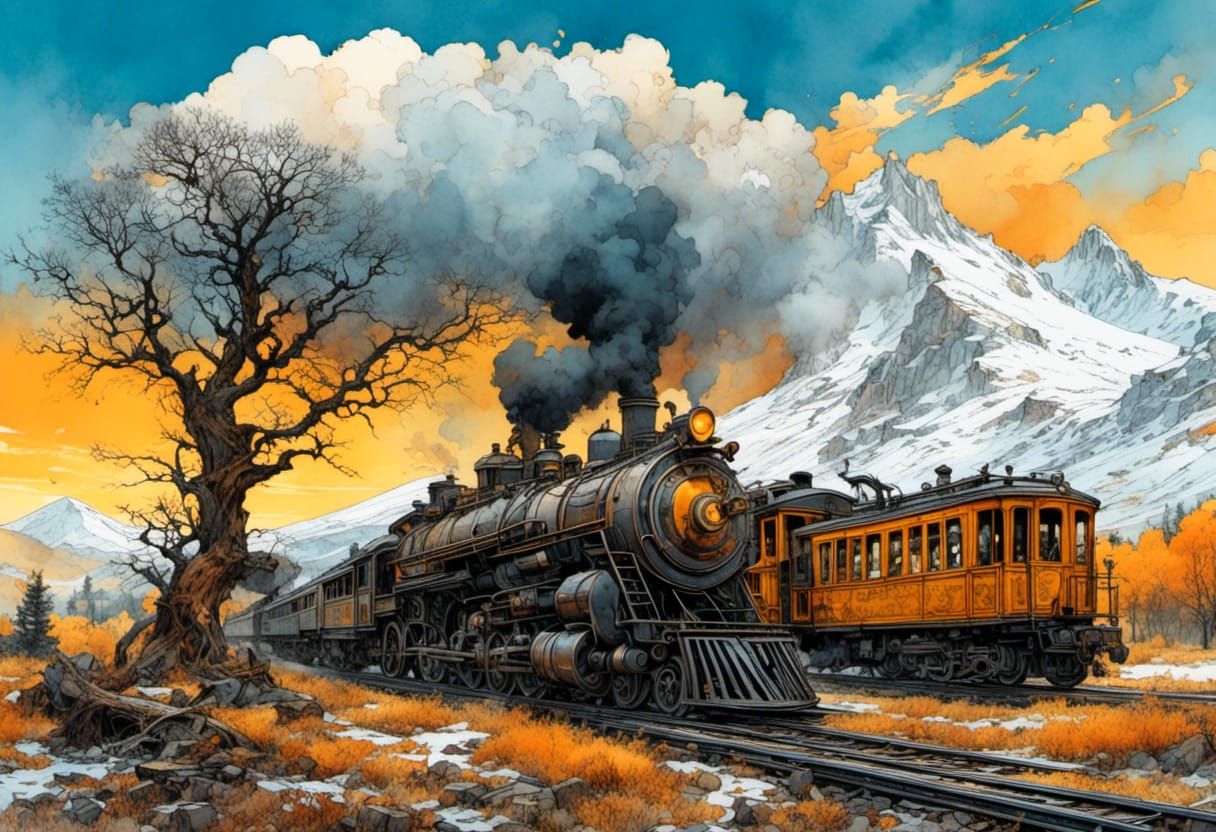 Diesel Train at Sunset: Romantic Watercolor Art Deco